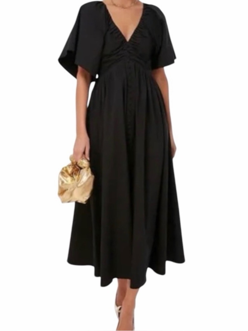 Tuckernuck Pomander Place Viviana Flutter Sleeves Black V-Neck Midi Dress